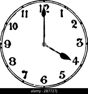 the image shows the clock that says it is 4 o'clock, showing three different size of clocks in it, vintage line drawing or engraving Stock Vector