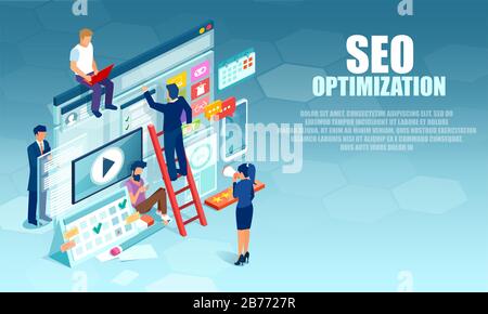 Vector of a team of people working on search of engine optimization Stock Vector