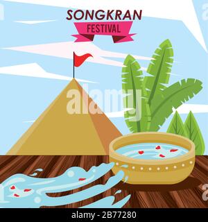 songkran celebration party with bowl water and sand mountain Stock Vector