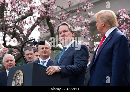 Washington DC, USA. 13th Mar, 2020. Stephen Rusckowski, Chairman, President and CEO of Quest Diagnostics, speaks during a news conference with United States President Donald J. Trump, United States Vice President Mike Pence, members of the Coronavirus Task Force, and Industry Executives, in the Rose Garden at the White House in Washington, DC, U.S., on Friday, March 13, 2020. Trump announced that he will be declaring a national emergency in response to the Coronavirus. Credit: Stefani Reynolds/CNP /MediaPunch Credit: MediaPunch Inc/Alamy Live News Stock Photo