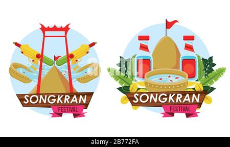 songkran celebration party scenes icons Stock Vector