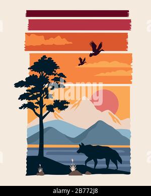 beautiful landscape with birds and wolf scene Stock Vector