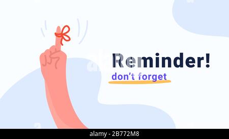 Reminder, do not forget an important task. Human hand pointing finger with red tape and bow as notification. Flat modern concept vector illustration f Stock Vector