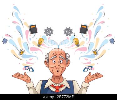 old man patient of alzheimer disease with set icons Stock Vector