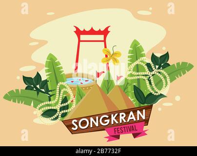 songkran celebration party with arch and water bowls Stock Vector