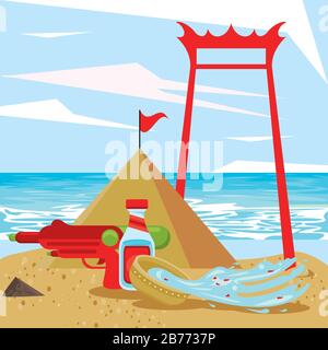 songkran celebration party with bowl water and sand mountain Stock Vector