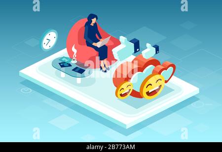 Vector of a woman working on laptop sharing viral content on social media platform and attracting positive feedback Stock Vector