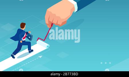 Vector of a big hand painting career path for a running businessman Stock Vector