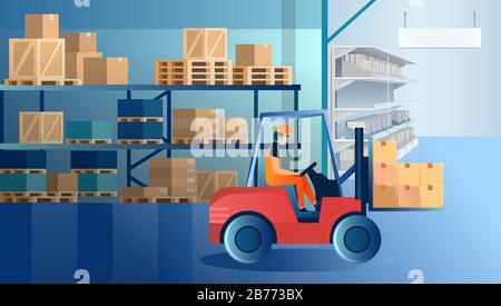 Vector of a warehouse man worker operating a forklift machine loading cardboard boxes Stock Vector