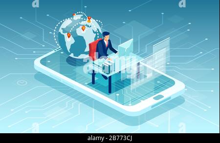 Vector of a businessman working online in a mobile social media platform communicating with customers worldwide Stock Vector