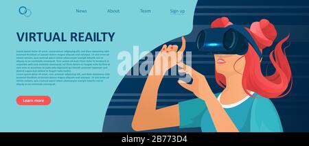 Landing page vector of a young woman touching air during VR experience Stock Vector