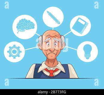 old man patient of alzheimer disease with set icons Stock Vector