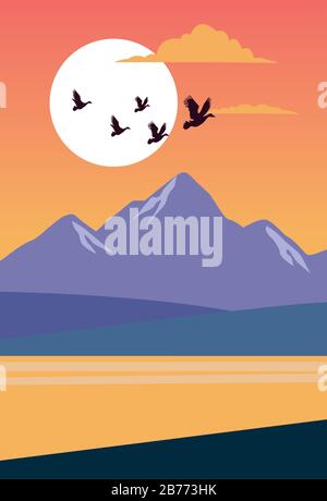 beautiful landscape with birds and lake scene Stock Vector