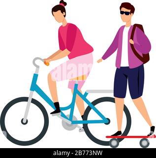 couple with bike and skateboard Stock Vector