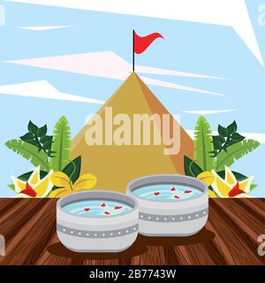 songkran celebration party with bowl water and sand mountain Stock Vector