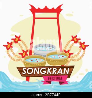 songkran celebration party with arch and water bowls Stock Vector