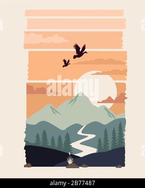 beautiful landscape with birds and river scene Stock Vector