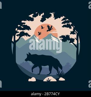 beautiful landscape with birds and wolf scene Stock Vector
