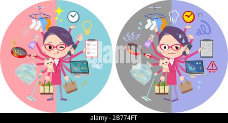 A set of women who perform multitasking in offices and private.There are things to do smoothly and a pattern that is in a panic.It's vector art so it' Stock Vector