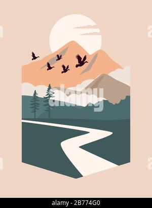 beautiful landscape with birds and river scene Stock Vector