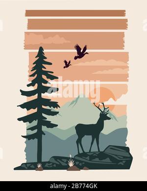beautiful landscape with reindeer and birds scene Stock Vector