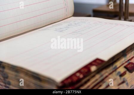 Antique handwritten accounting book of an old and inexistent business Stock Photo