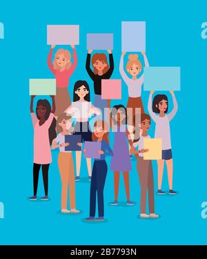 Women avatars holding banners vector design Stock Vector