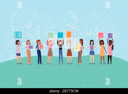 Women avatars holding empowering text banners vector design Stock Vector