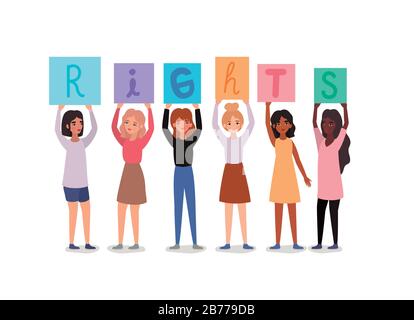 Women avatars holding rights text banners vector design Stock Vector