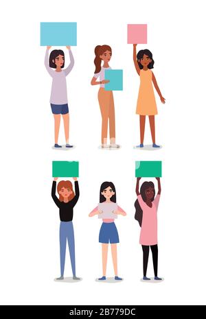Women avatars holding banners vector design Stock Vector