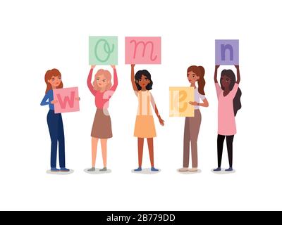 Women avatars holding banners vector design Stock Vector