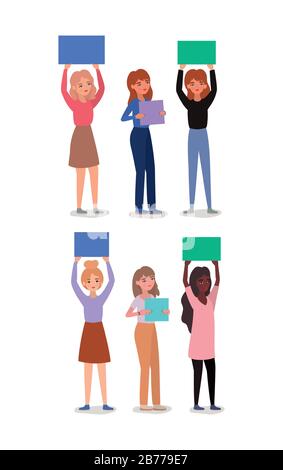 Women avatars holding banners vector design Stock Vector