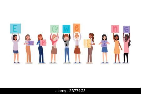 Women avatars holding empowering text banners vector design Stock Vector