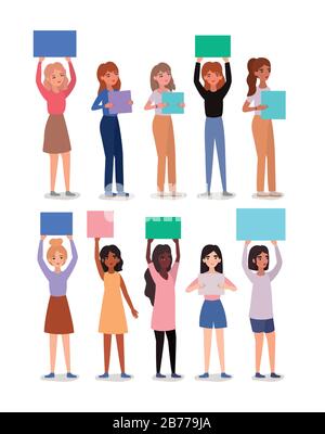 Women avatars holding banners vector design Stock Vector