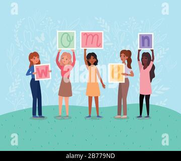Women avatars holding banners vector design Stock Vector