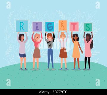Women avatars holding rights text banners vector design Stock Vector