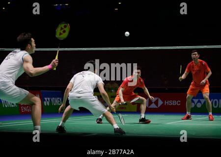 London, UK. 13th Mar, 2020. China's Huang Kaixiang (2nd R) and Liu Cheng (1st R) compete during the men's doubles quarterfinal match with Chinese Taipei's Wang Chi-Lin and Lee Yang at All England Badminton 2020 in Birmingham, Britain on March 13, 2020. Credit: Tim Ireland/Xinhua/Alamy Live News