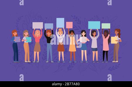 Women avatars holding banners vector design Stock Vector
