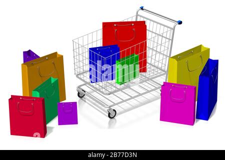 Colorful shopping bags and supermarket cart isolated on white ...