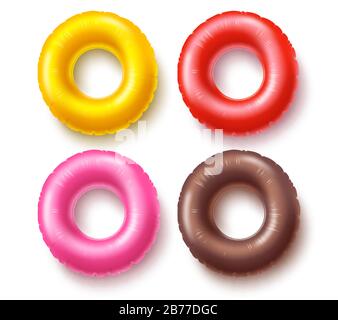 Summer swim rings set vector design. Colorful inflatable rubber toy and swimming circles with different color and shapes isolated in white background. Stock Vector