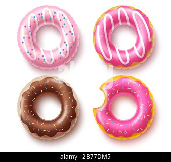 Summer floater donuts set vector design. Inflatable swim rings and rubber toy swimming elements isolated in white background for summer vacation. Stock Vector
