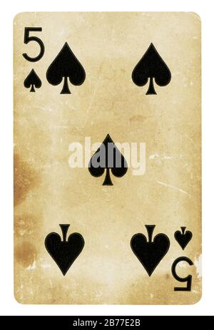 Five of Spades Vintage playing card - isolated on white (clipping path included) Stock Photo