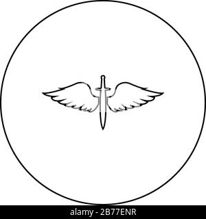 Wings and sword symbol cadets Winged blade weapon medieval age Warrior insignia Blazon bravery concept icon in circle round outline black color Stock Vector