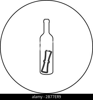 Bottle with letter Message concept Folded scroll document in old container icon in circle round outline black color vector illustration flat style Stock Vector