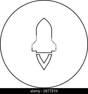 Rocket with flame in flying Spaceship launching Space exploration War weapon concept icon in circle round outline black color vector illustration Stock Vector