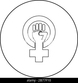 Symbol of feminism movement Gender women resist Fist hand in round and cross icon in circle round outline black color vector illustration flat style Stock Vector