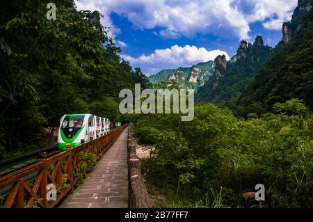 The monorail train running along ten-mile gallery in Wulingyuan. Stock Photo