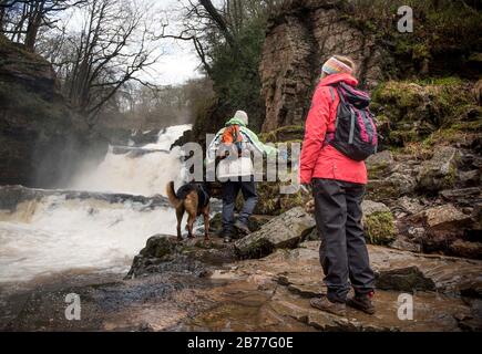 Walkers tread carefully on the banks of the River Mellte at the Sgwd Isaf Clun-Gwyn falls near Pontneddfechan in the Brecon Beacons, Wales, UK Stock Photo