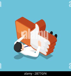Flat 3d isometric businessman being crushed by the like icon. Social media marketing and social networking addiction concept. Stock Vector