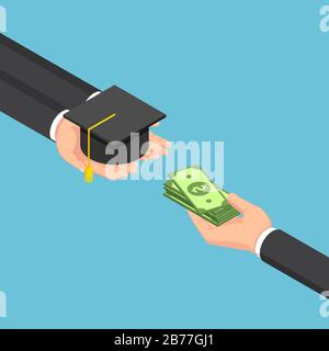 Flat 3d isometric business hands exchanging between money and graduation cap. Education savings and investmet concept. Stock Vector